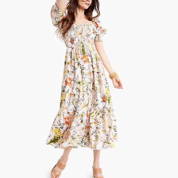 INC International Concepts Smocked Puff-Sleeve Midi Dress - Picture 2 of 10